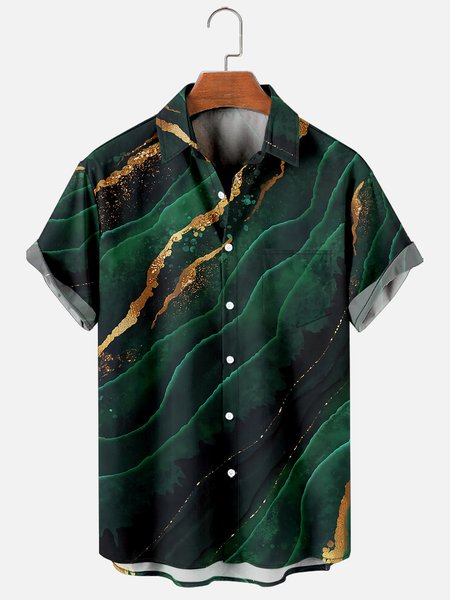 

Mens Nature Marble Effect Print Casual Breathable Chest Pocket Short Sleeve Hawaiian Shirts, Green, Shirts ＆ Blouse