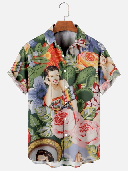 Mens Retro Floral Girls Print Print Casual Breathable Short Sleeve Hawaiian Shirts, Red, Men's Floral shirt