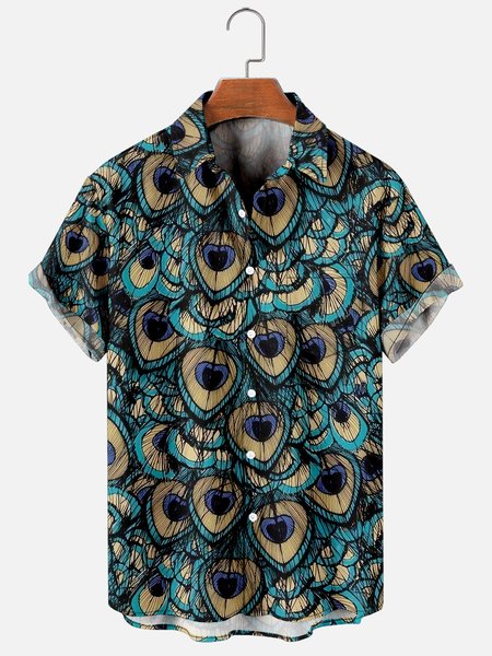 

Mens Peacock Feather Print Casual Breathable Chest Pocket Short Sleeve Hawaiian Shirts, Blue, Men's Floral shirt
