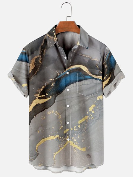 

Mens Nature Marble Effect Print Casual Breathable Chest Pocket Short Sleeve Hawaiian Shirts, Gray, Men's Floral shirt