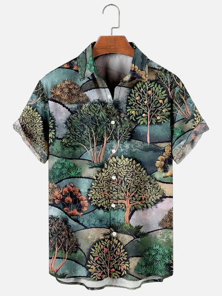 

Mens Nature Trees Print Casual Breathable Short Sleeve Hawaiian Shirts, Green, Men's Floral shirt