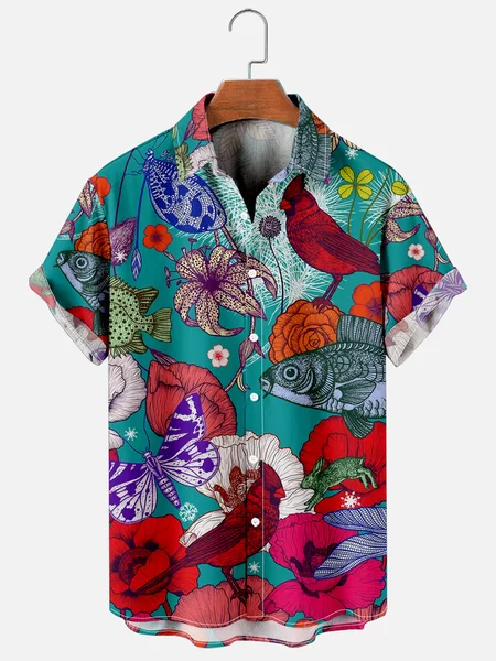 

Mens Parrots Fish Tropical Print Casual Breathable Short Sleeve Hawaiian Shirts, Blue, Men's Floral shirt