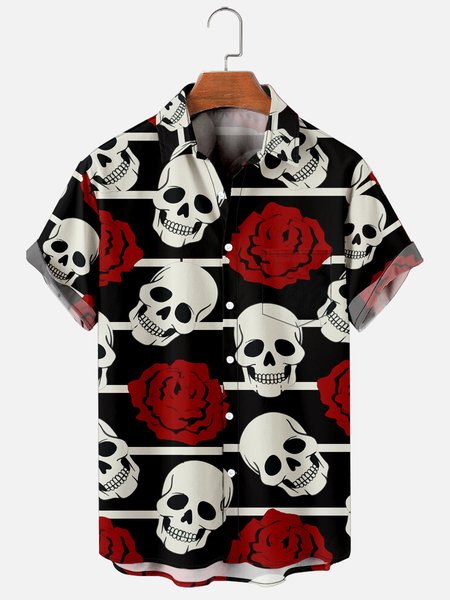 

Mens Punk Skull Print Casual Breathable Chest Pocket Short Sleeve Hawaiian Shirts, Black, Men's Floral shirt