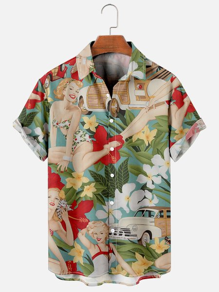 

Mens Retro Floral Girls Print Casual Breathable Short Sleeve Hawaiian Shirts, Blue, Men's Floral shirt