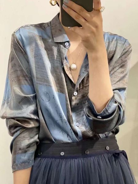 

Abstract letter pattern long-sleeved shirt collar retro gray blouse, Tops
