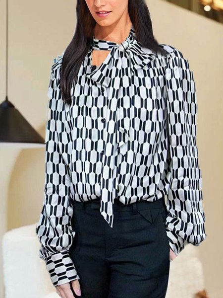 

Geometric Tie Neck Basics Shirts & Tops, Black-white, Tops
