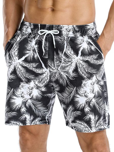 

Mens Coconut Tree Printed Casual Breathable Hawaiian Beach Pants, Black, Men's shorts