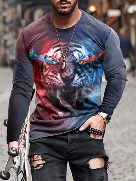 3D Tiger Graphic Long Sleeve Round Neck Casual Tee, T-shirt