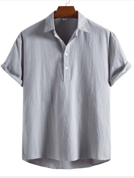 

Casual Cotton And Linen Short-sleeved Shirt, Gray, Polos