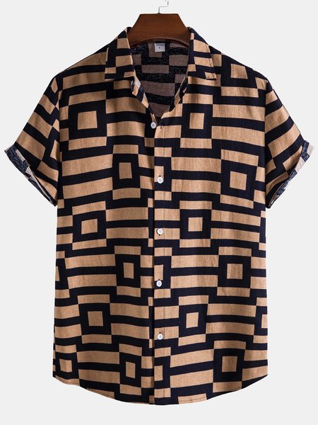 

Cotton And Linen Geometric Short-sleeved Shirt, Khaki, Men's Floral shirt