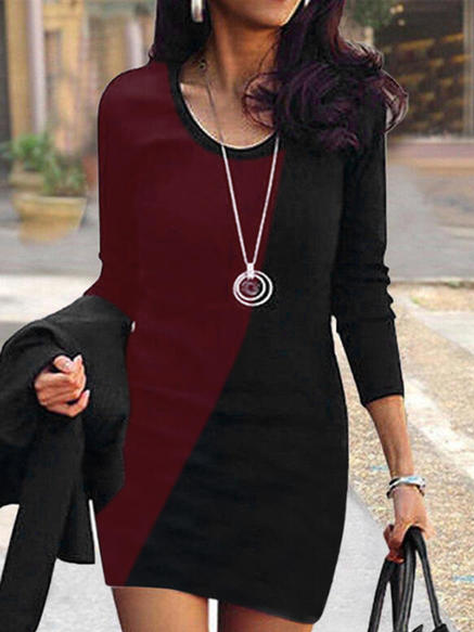 

Color Block Casual Geometric Regular Fit Dresses, Red-black, Mini Dresses