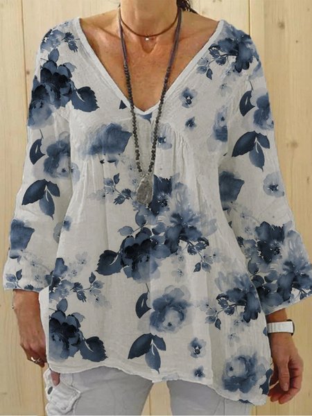 

V Neck Loosen Printed Shirts & Tops, White, Blouses & Shirts
