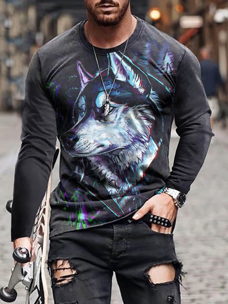 

3D Wolf Graphic Long Sleeve Round Neck Casual Tee, T-shirt