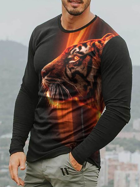 

3D Tiger Graphic Long Sleeve Round Neck Casual Tee, T-shirt