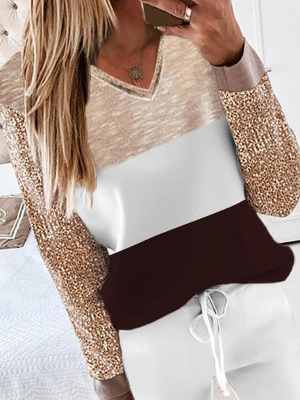 

V Neck Striped Sequins Shirts & Tops, White, Tops