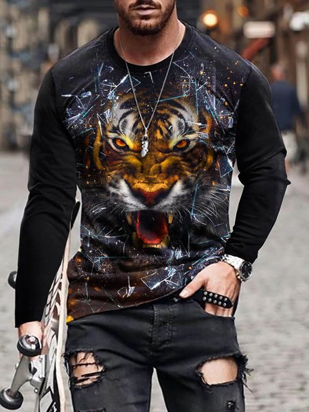 

3D Tiger Graphic Long Sleeve Round Neck Casual Tee, T-shirt
