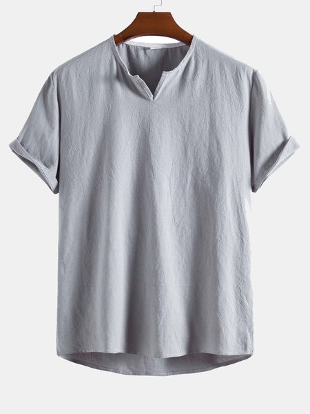 Casual Cotton And Linen Short-sleeved T-shirt, Gray, T-Shirts