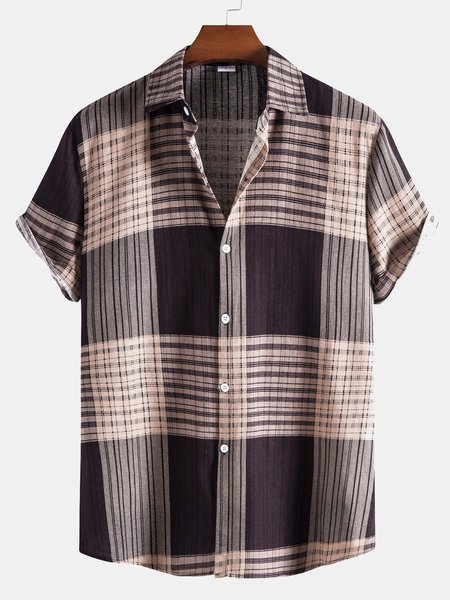 

Casual Cotton And Linen Striped Short-sleeved T-shirt, Brown, Men's Floral shirt