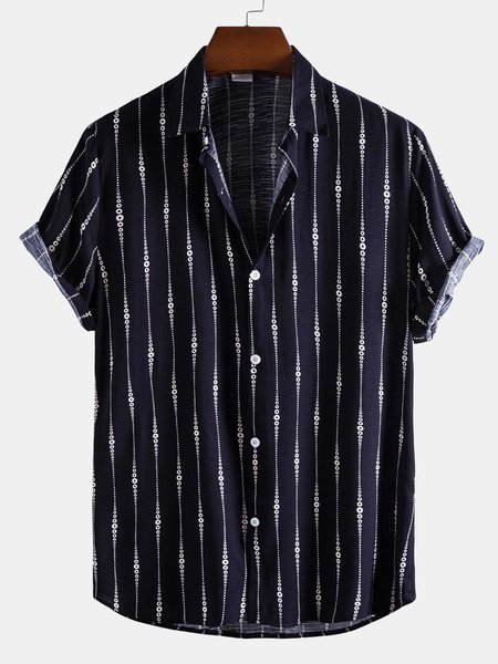 

Cotton And Linen Striped Short-sleeved Shirt, Purplish blue, Men's Floral shirt