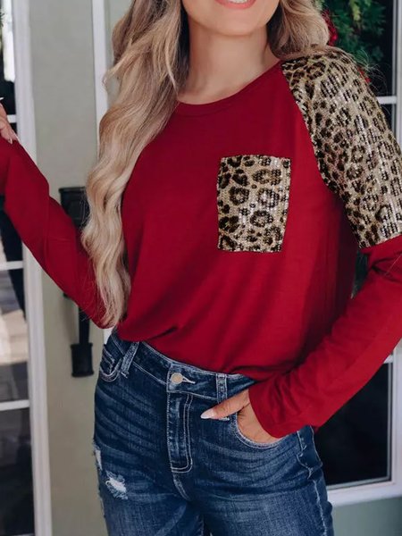 

Crew Neck Leopard Casual Shirts & Tops, Multicolor, Long sleeve tops