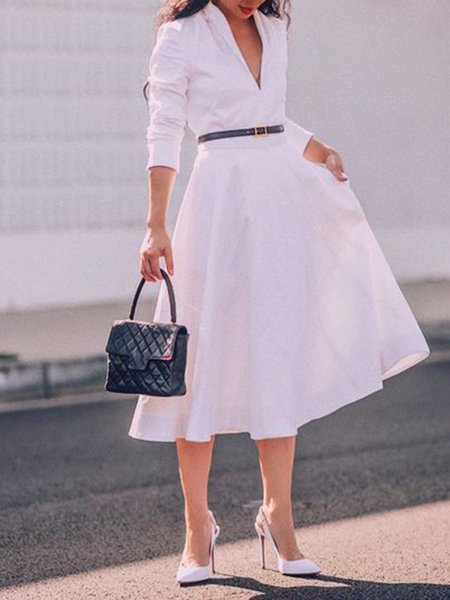 

V neck Solid Elegant Long Sleeve Midi Dress, White, Midi Dresses