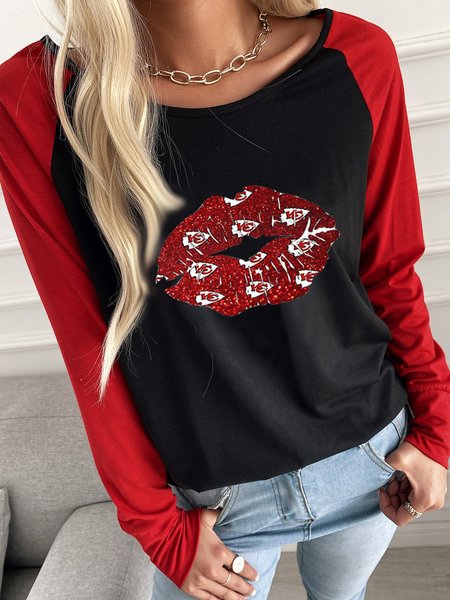 

Valentine's Day Lovely Lips Loosen Crew Neck Shirts & Tops, Red-black, Tops