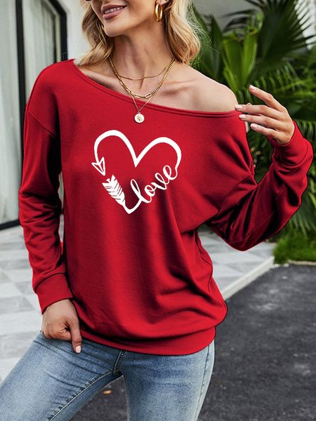 

One Shoulder Romantic Cotton Blends Sweatshirt, Red, Sweatshirts & Hoodies