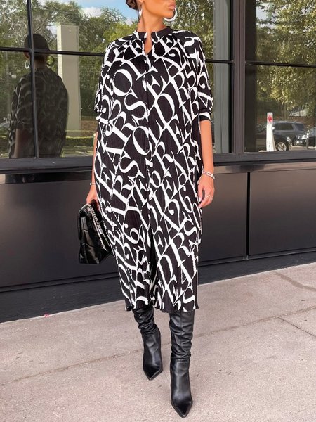 

Loosen Daily Long Sleeve Midi Dress, Black, Midi Dresses