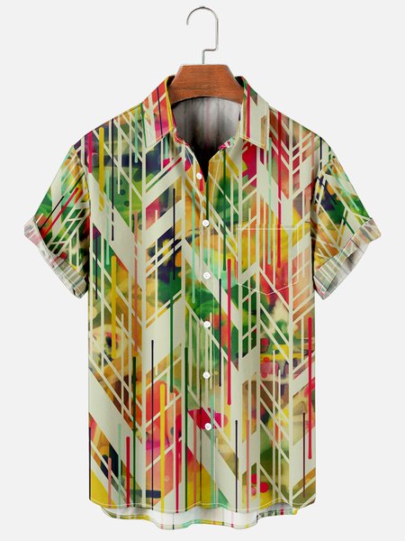 

Casual Vacation Retro Striped Gradient Pattern Hawaiian Style Printed Shirt Top, As picture, Shirts ＆ Blouse