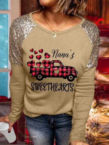 

Plaid Car Print Sequin Pullover, Khaki, Tops