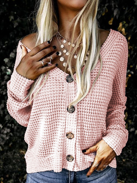 

V Neck Buttoned Long Sleeve Casual Knit Tops, Pink, Tops