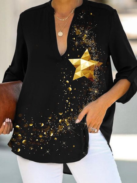 

Casual Long Sleeve V Neck Plus Size Printed Tops (Not sequins but prints）, Black, Tops