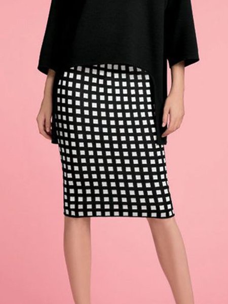 

Simple Grid Midi Wrap Daily Skirts, Black-white, Midi Skirts