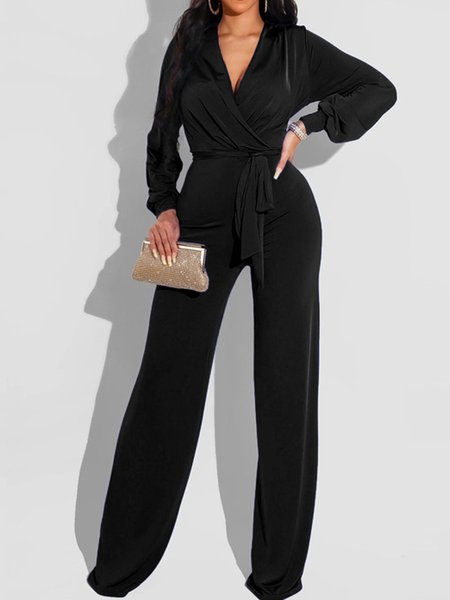 Solid V Neck Elegant Long sleeve One-Piece, Black, Jumpsuits