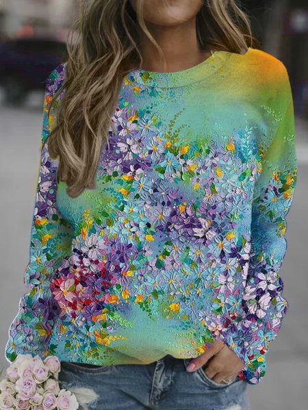 

Floral gradient print round neck long-sleeved sweatshirt, As picture, Hoodies&Sweatshirts