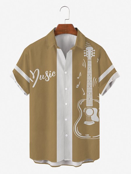 

Mens Music Festival Print Round Hem Loose Short Sleeve Hawaiian Shirts, Brown, Shirts ＆ Blouse