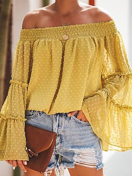 

Plain Flouncing Long Frill Sleeve Off The Shoulder Plus Size Casual Women Tops, Yellow, Tops