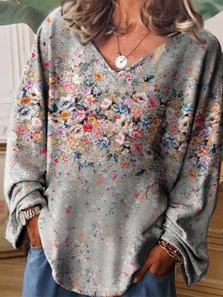 

Vacation Loosen Floral V Neck Shirts & Tops, Gray, Tops