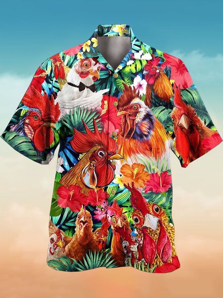 

Mens Rooster Print Retro Breathable Hawaiian Shirt, As picture, Shirts ＆ Blouse