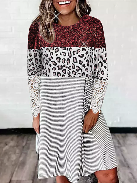 

Cotton Blends Casual Crew Neck Dresses, Stripe-gray, Mini Dresses