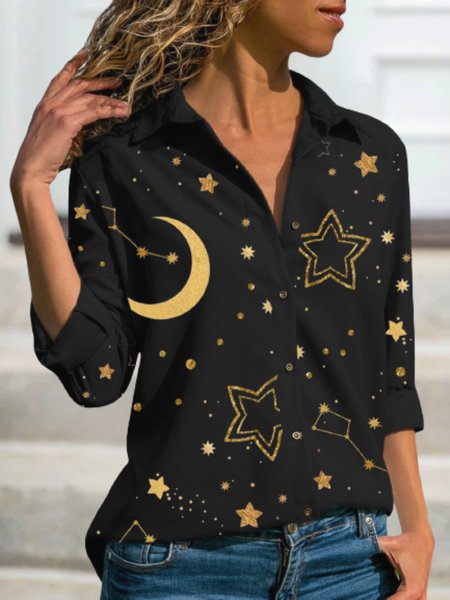 

Casual Long Sleeve Shirt Collar Plus Size Printed Tops Blouses （Not sequins but prints）, Black, Blouses & Shirts