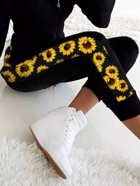 

Yellow chrysanthemum stitching black elastic waist sports trousers Floral Pants, Pants
