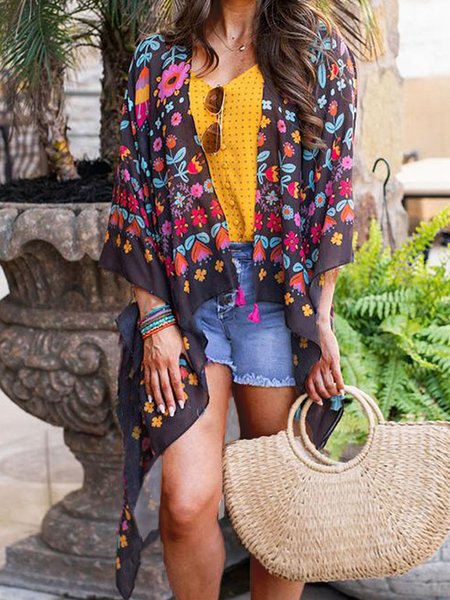 

Vacation Collarless Loosen Outerwear, Flower, Outerwear