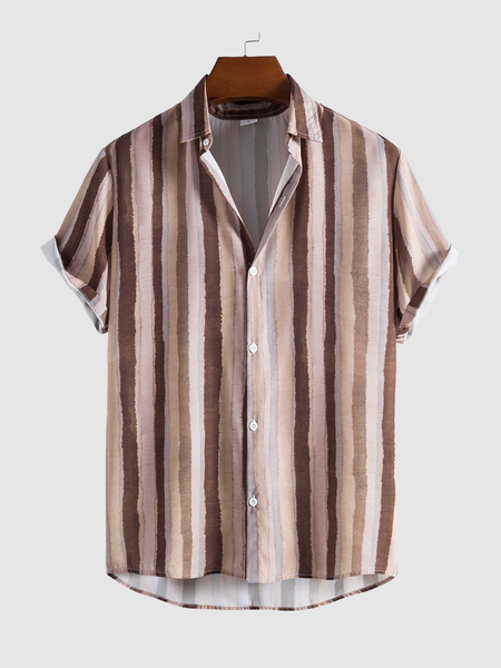 

Gradient Wood Stripe Cotton And linen Short-Sleeved Shirt, As picture, Men's Floral shirt