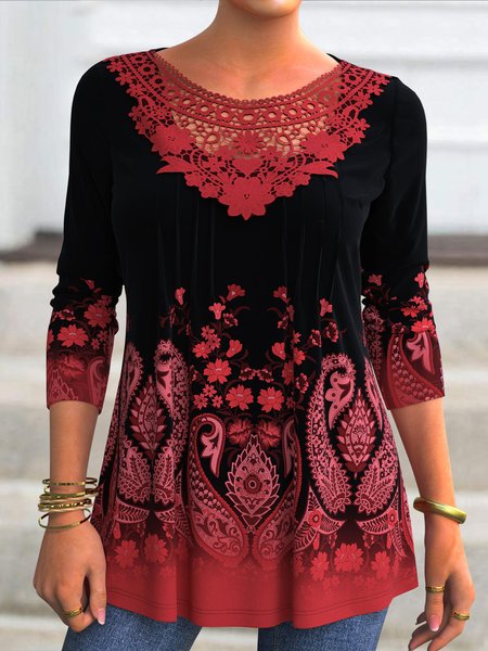 

Ethnic Loosen Crew Neck Shirts & Tops, Red, T-Shirts