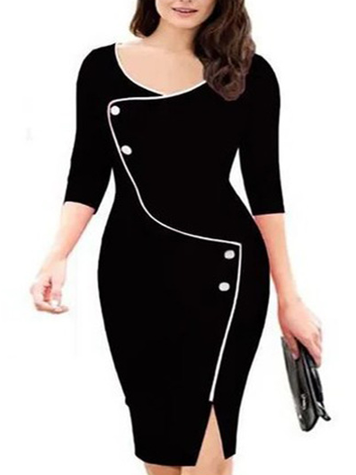 

Elegant Slit,Piping Color Block Regular Fit Dress, Black, Midi Skirts