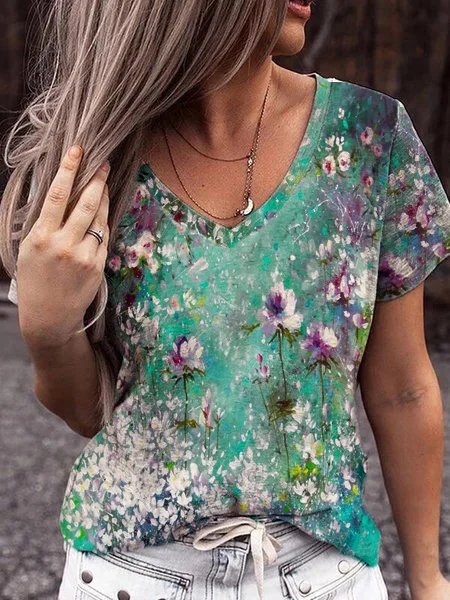 

Loosen Casual Floral T-shirt, Multicolor, T-Shirts