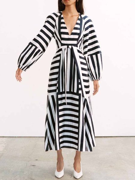 

Striped V neck Regular Fit Elegant Dress, Black-white, Midi Dresses