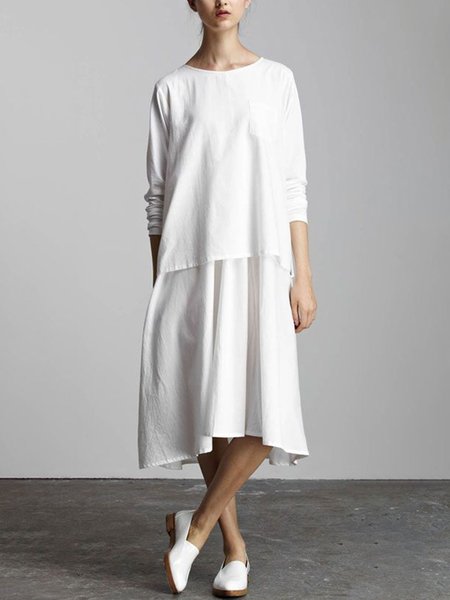 

Crew Neck Loosen Casual Midi Dress, White, Midi Dresses