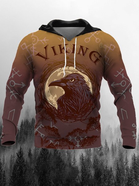 

Men's Viking Mythological Elements Graphic Print Hooded Long Sleeve Sweatshirt, Brown, Hoodies